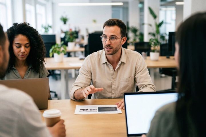 Colleagues talking around a table in a bright modern office