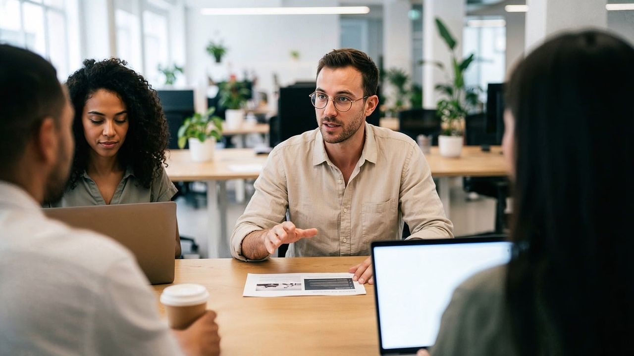 Colleagues talking around a table in a bright modern office