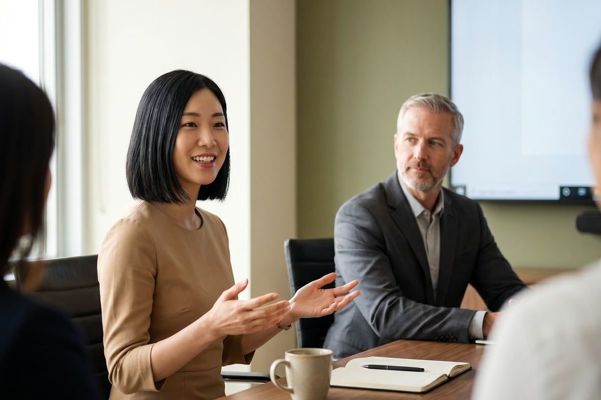 Woman and older man smiling during a meeting