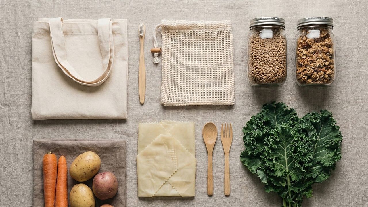 Reusable cotton bags, glass jars, bamboo cutlery and fresh vegetables