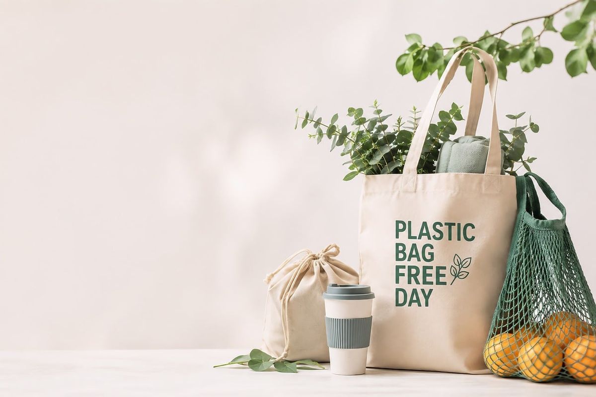 Canvas tote bag reading Plastic Bag Free Day with plants