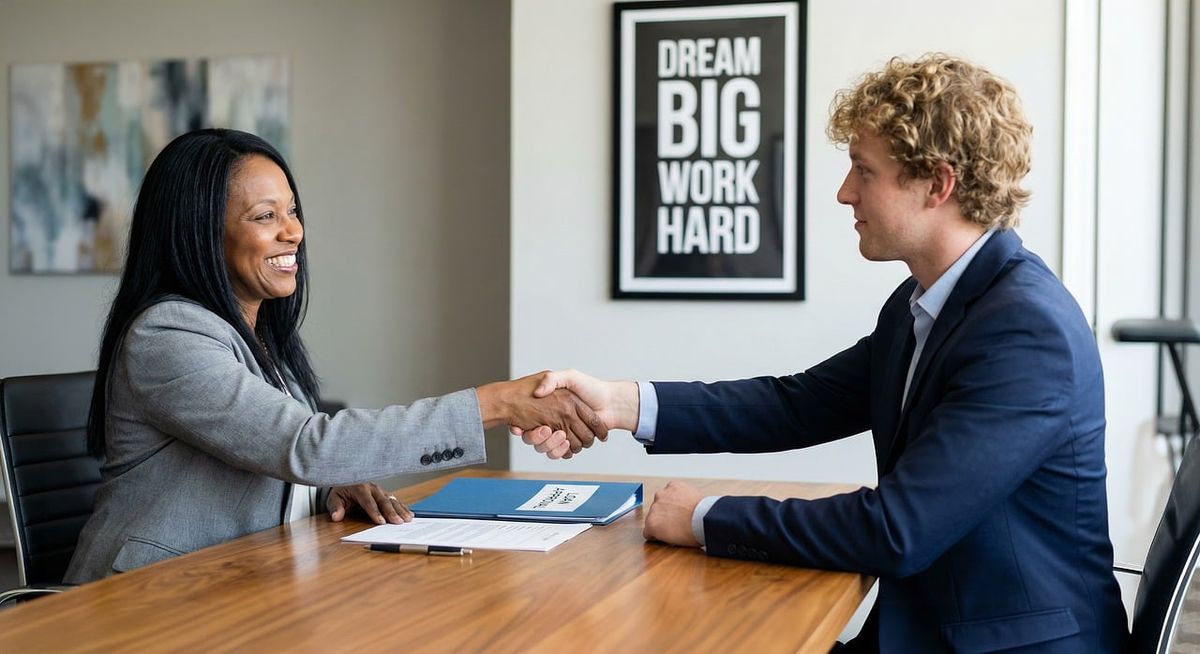 Interviewer shaking hands with a candidate across a desk