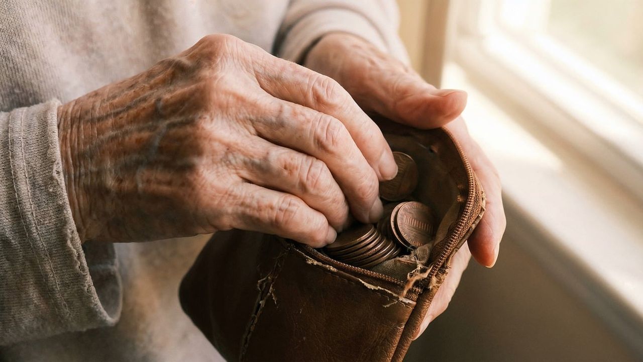 Elderly hands taking coins from a worn leather purse