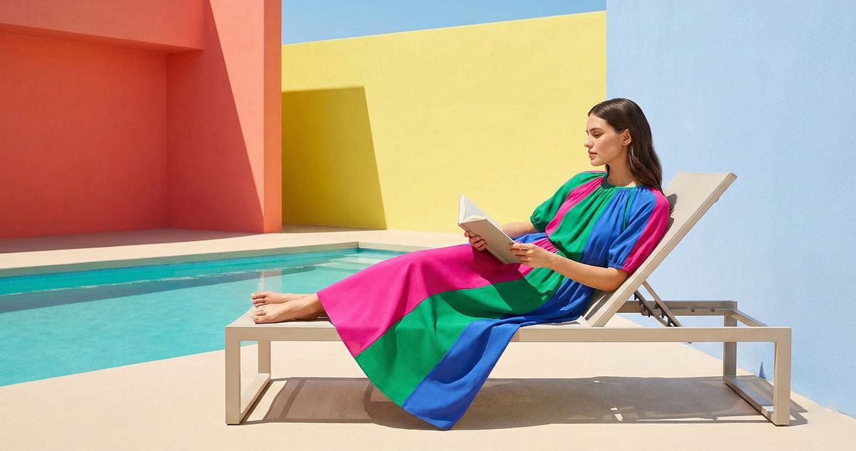 Woman in a bright colour-block dress lounging by a pool