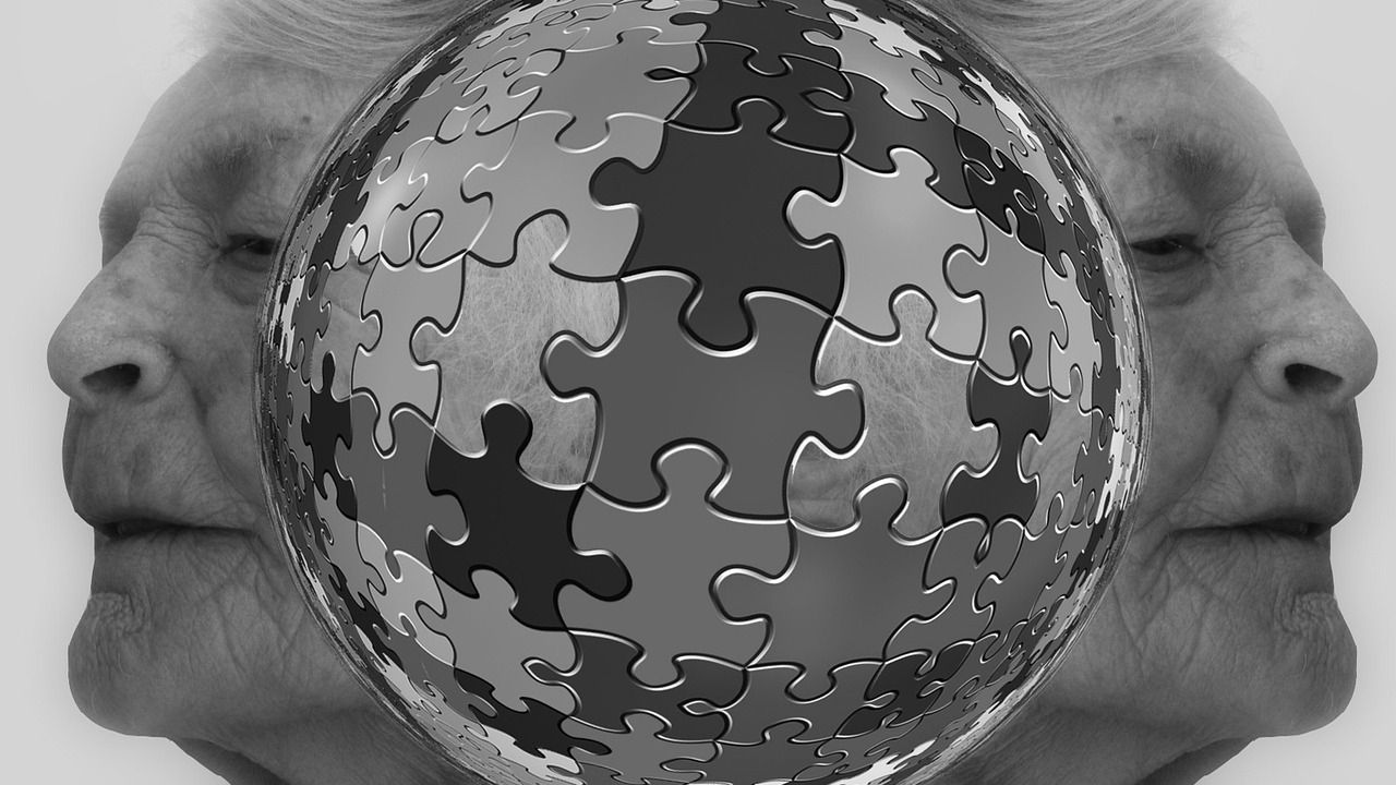 Jigsaw puzzle sphere between two faces in profile