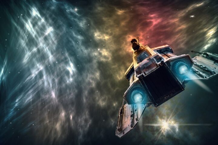 Spaceship flying through a colourful nebula