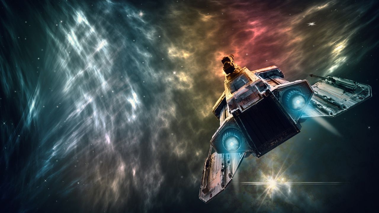 Spaceship flying through a colourful nebula