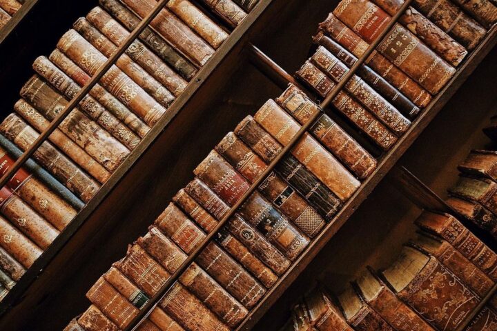 Shelves of antique leather-bound books