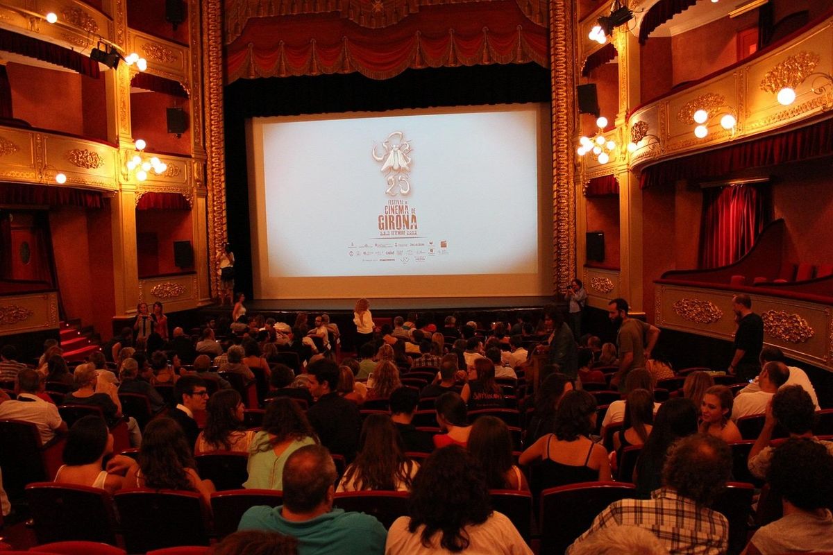 Audience watching a film in an ornate historic theatre