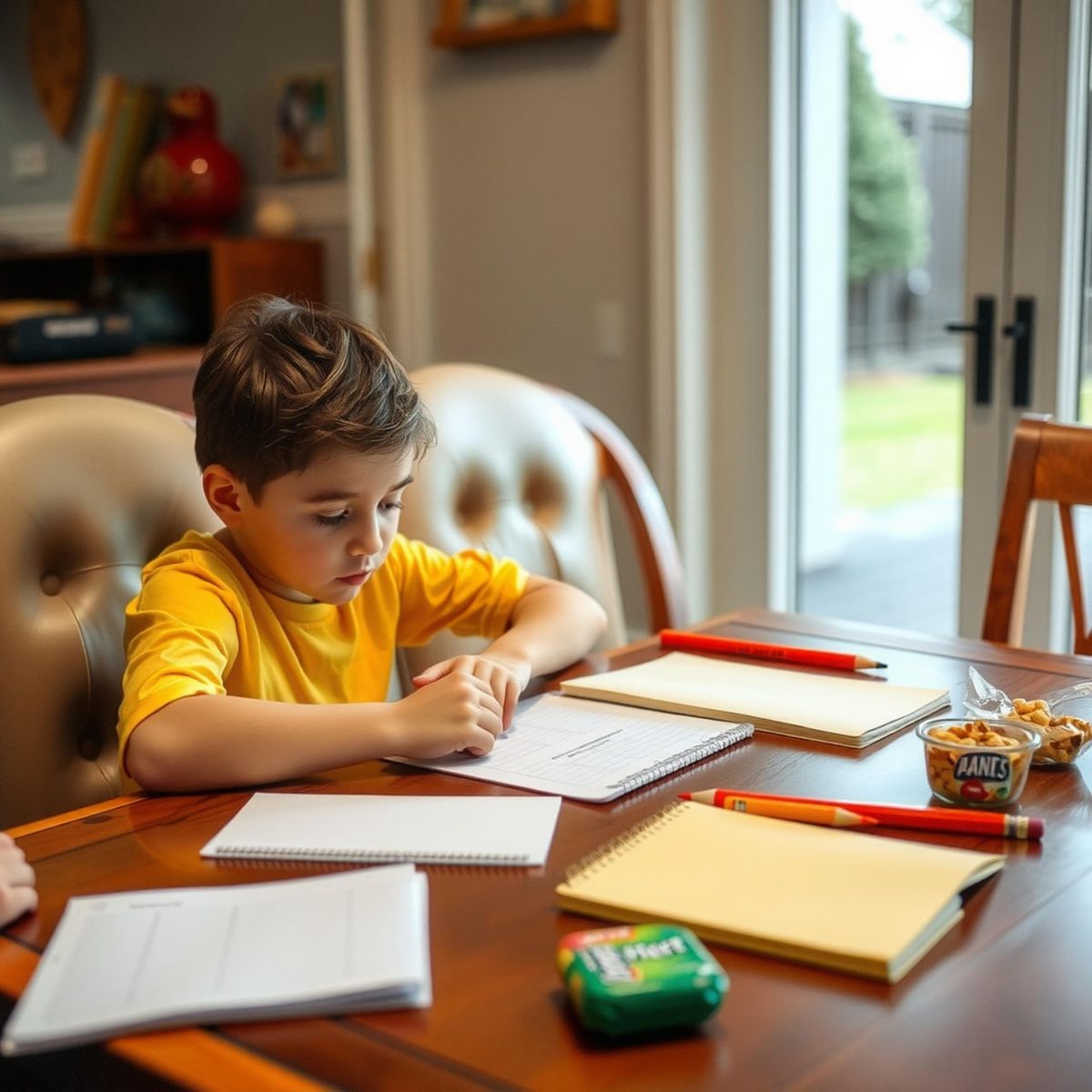 Young boy doing homework at a table