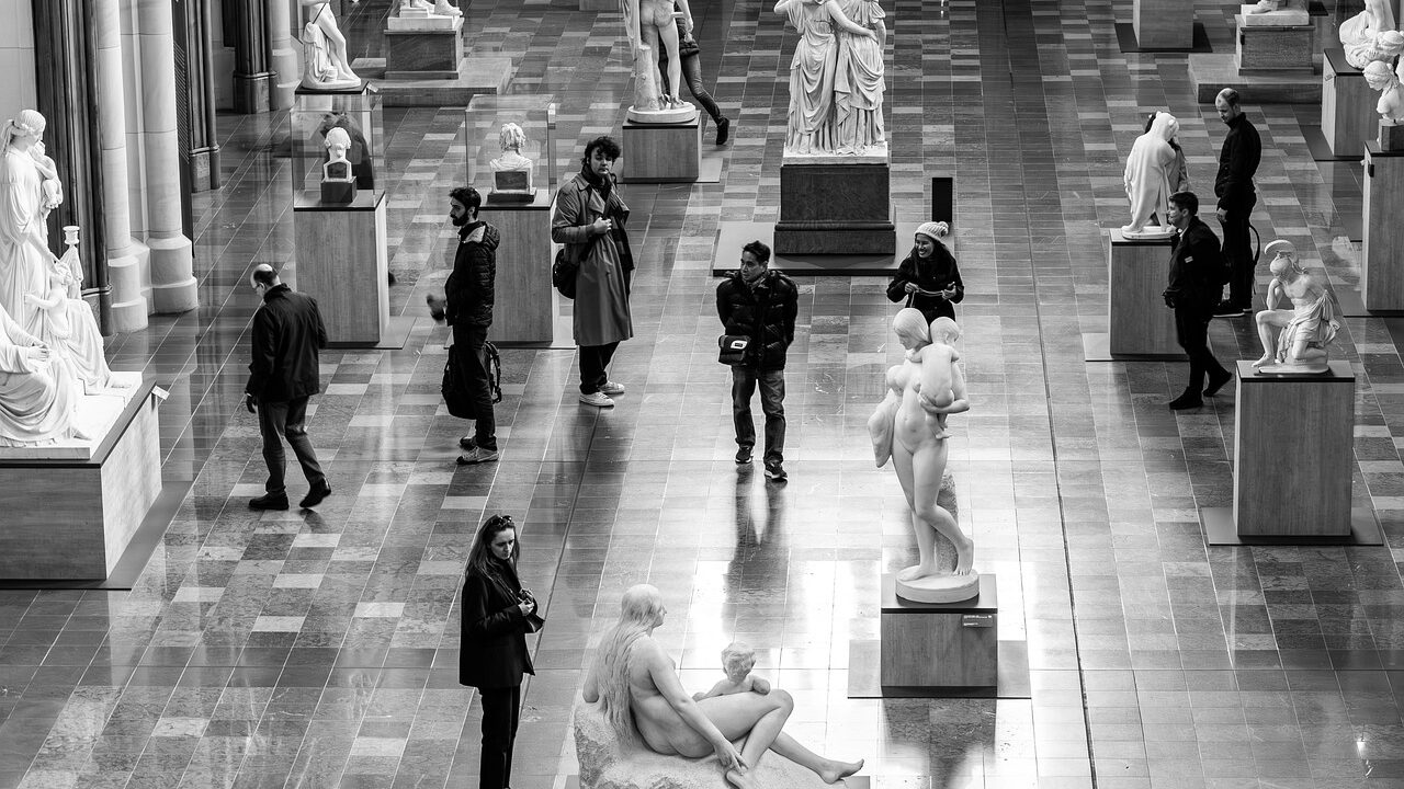 Exhibition, museum, gallery, art, people, sculptures, statue, viewer, viewing, monochrome, museum, people, people, people, people, people