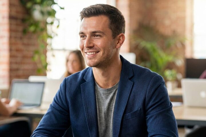 Smiling young man in a blazer in a busy open-plan office