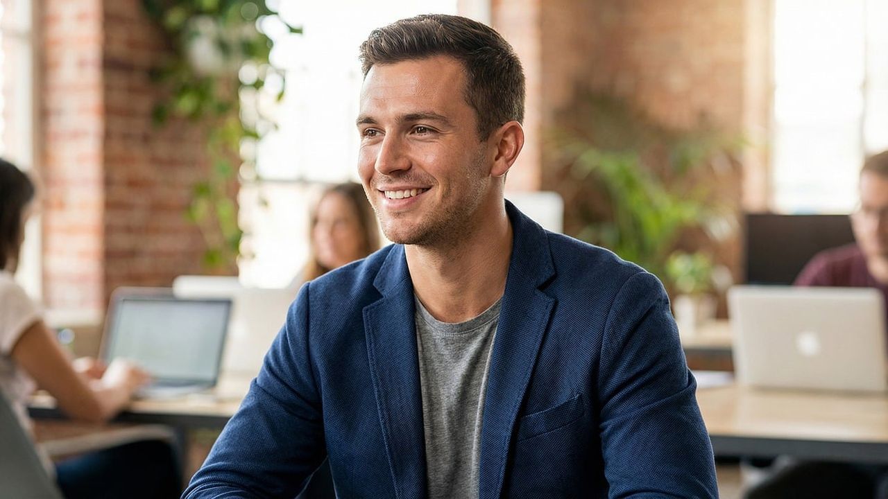 Smiling young man in a blazer in a busy open-plan office