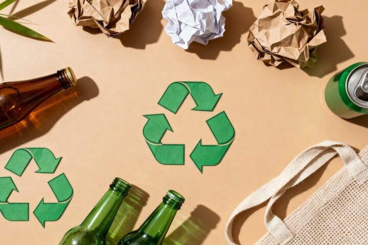 Recycling symbols with glass bottles, cans and a cotton bag