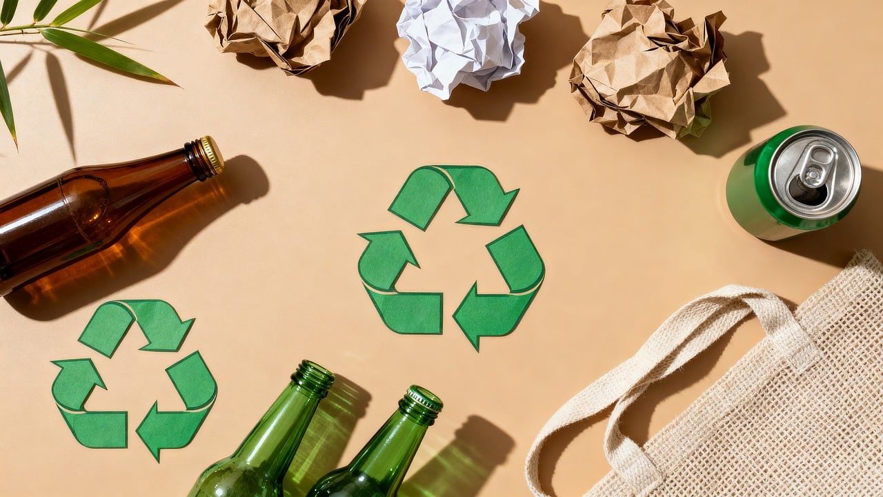 Recycling symbols with glass bottles, cans and a cotton bag