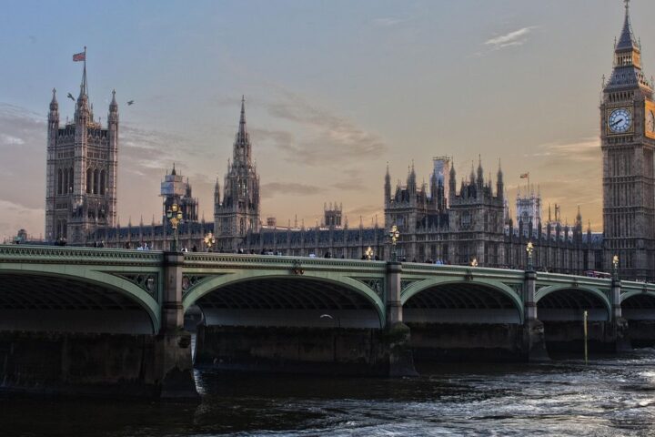 Houses of Parliament and Westminster Bridge on the River Thames at dusk
