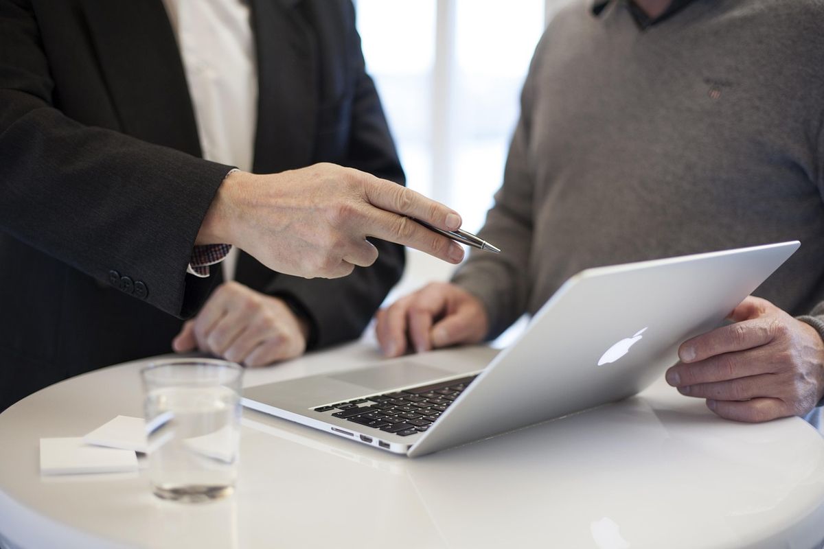 Consultant pointing at a laptop during a business meeting