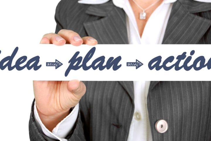 Businesswoman holding a card reading idea, plan, action