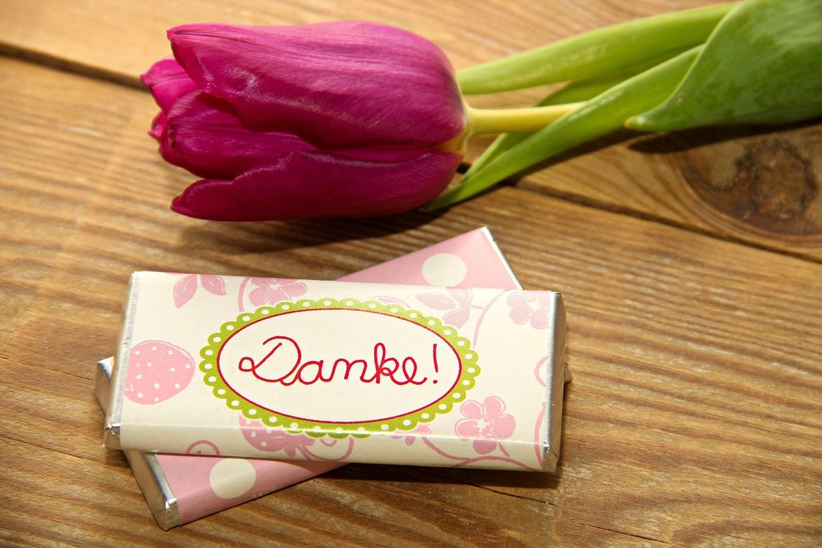 Pink tulip lying on a thank-you chocolate bar