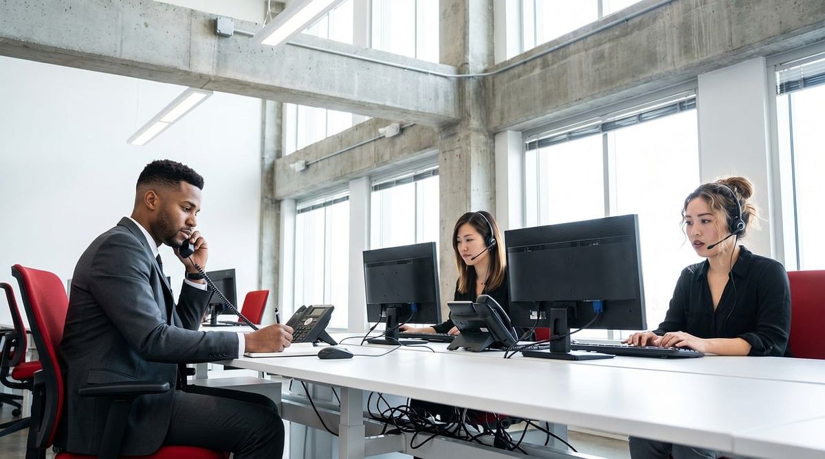 Team working on phones and computers in a bright office