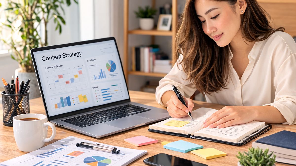 Woman planning a content strategy at her desk with a laptop