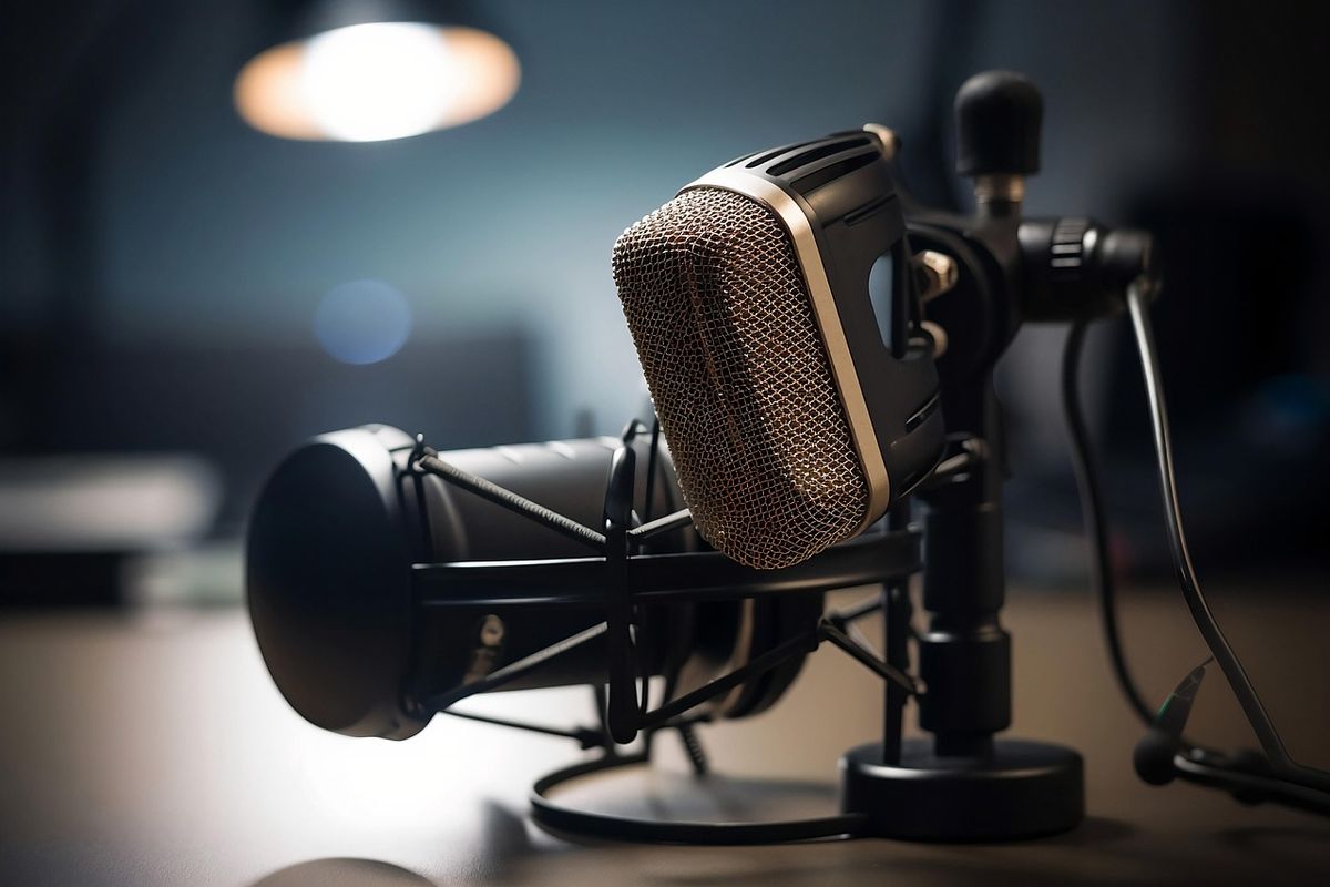 Close-up of a podcast microphone in a studio