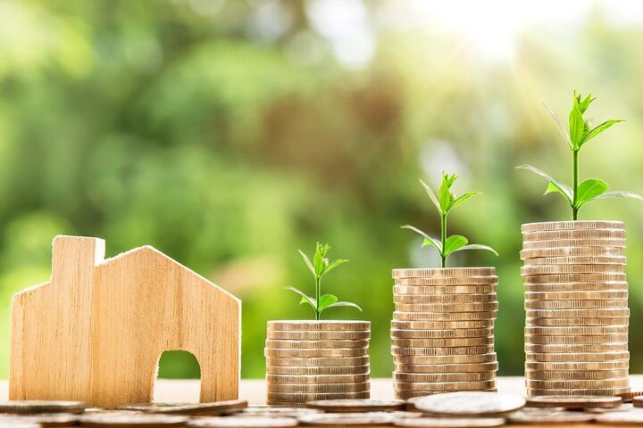 Wooden house shape beside growing stacks of coins with seedlings