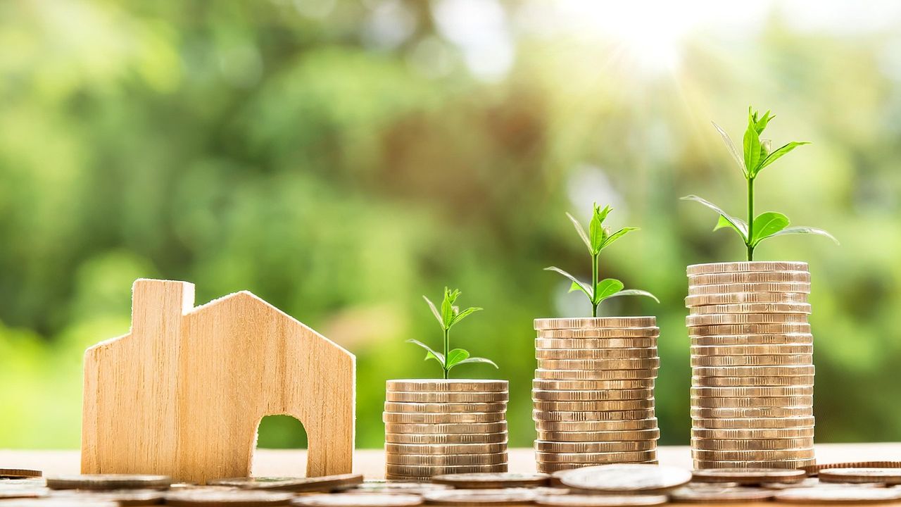 Wooden house shape beside growing stacks of coins with seedlings