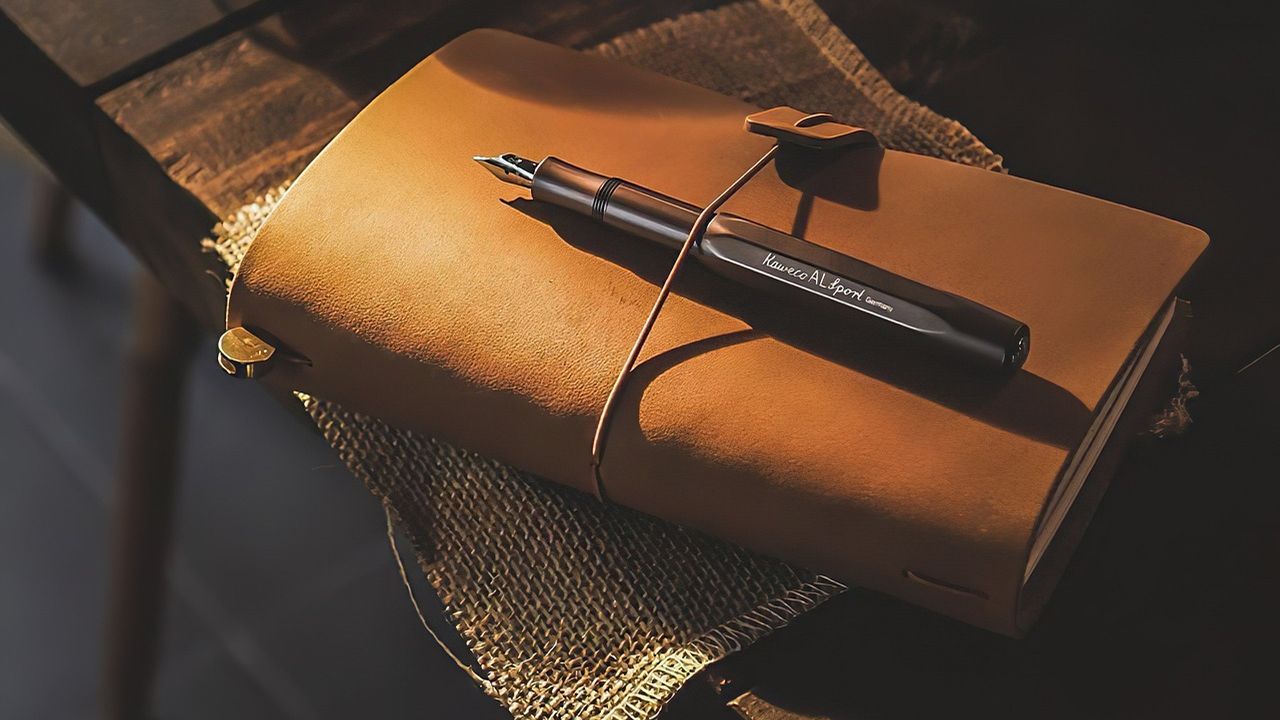 Leather journal and fountain pen on a dark table