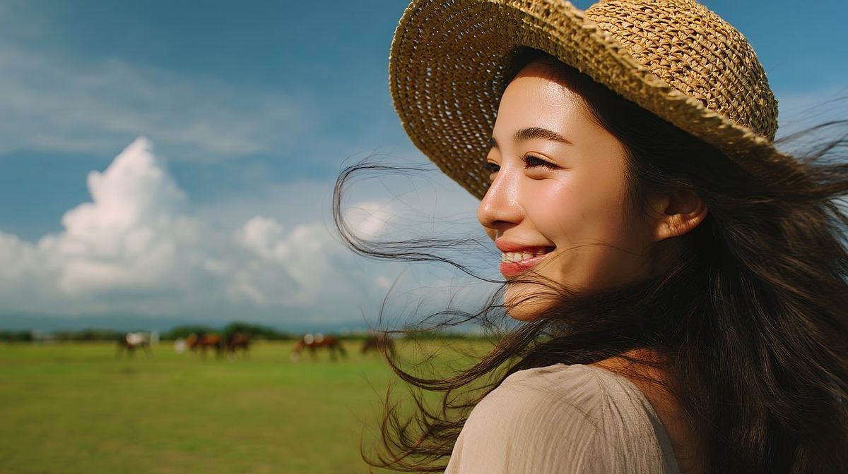 Smiling woman in a straw hat in the open countryside