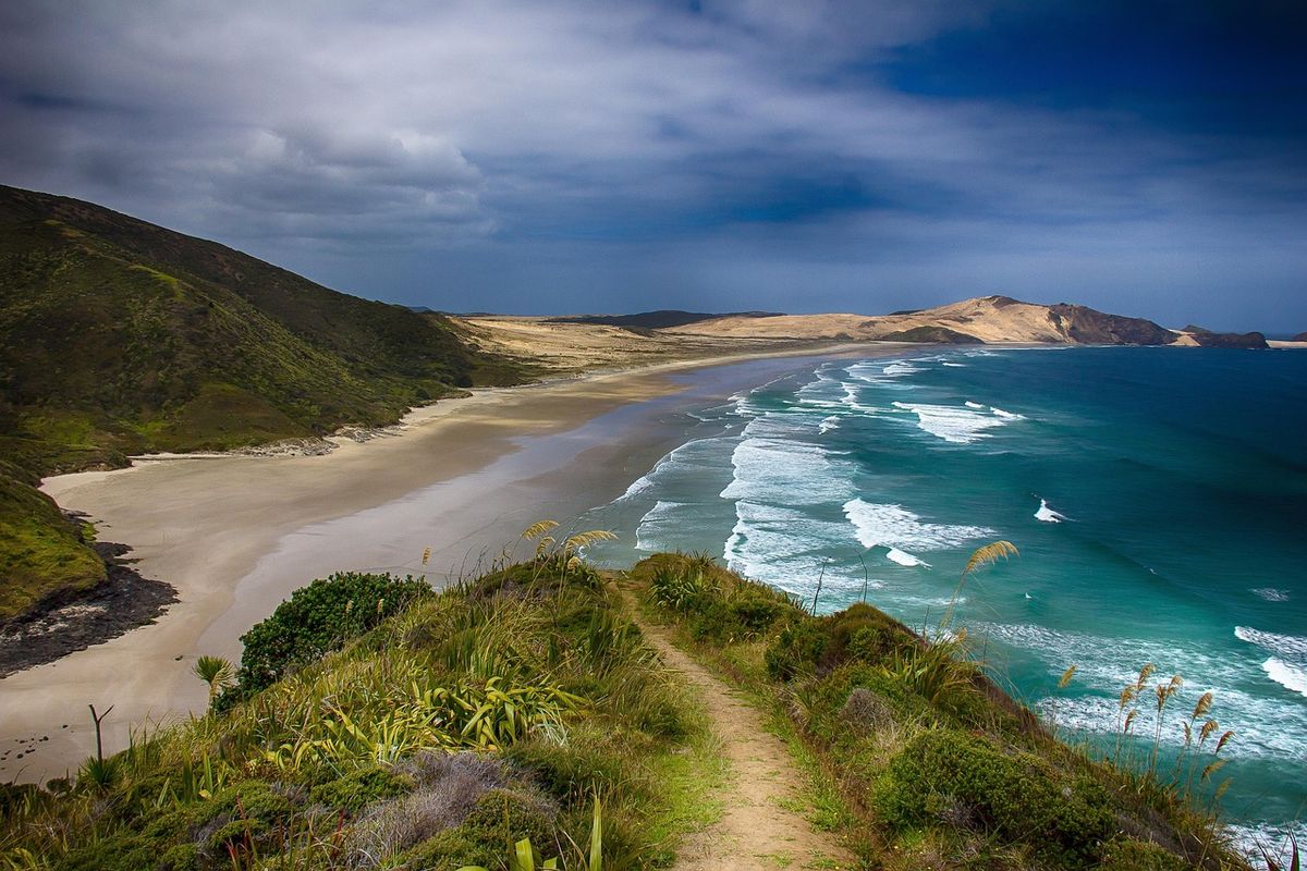 Coastal path leading down to a sweeping beach