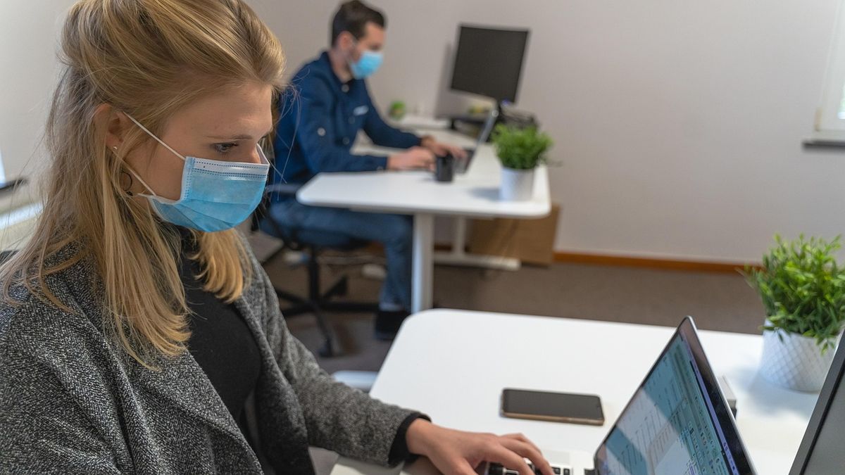 Colleagues in masks working at desks in an office
