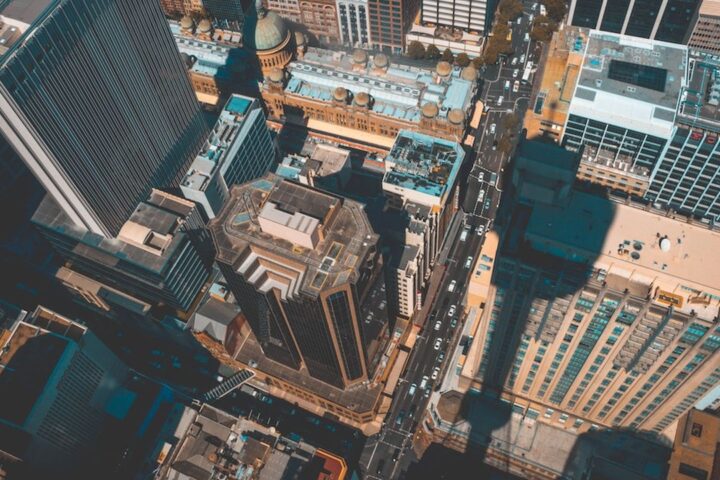 Aerial view looking straight down on city skyscrapers