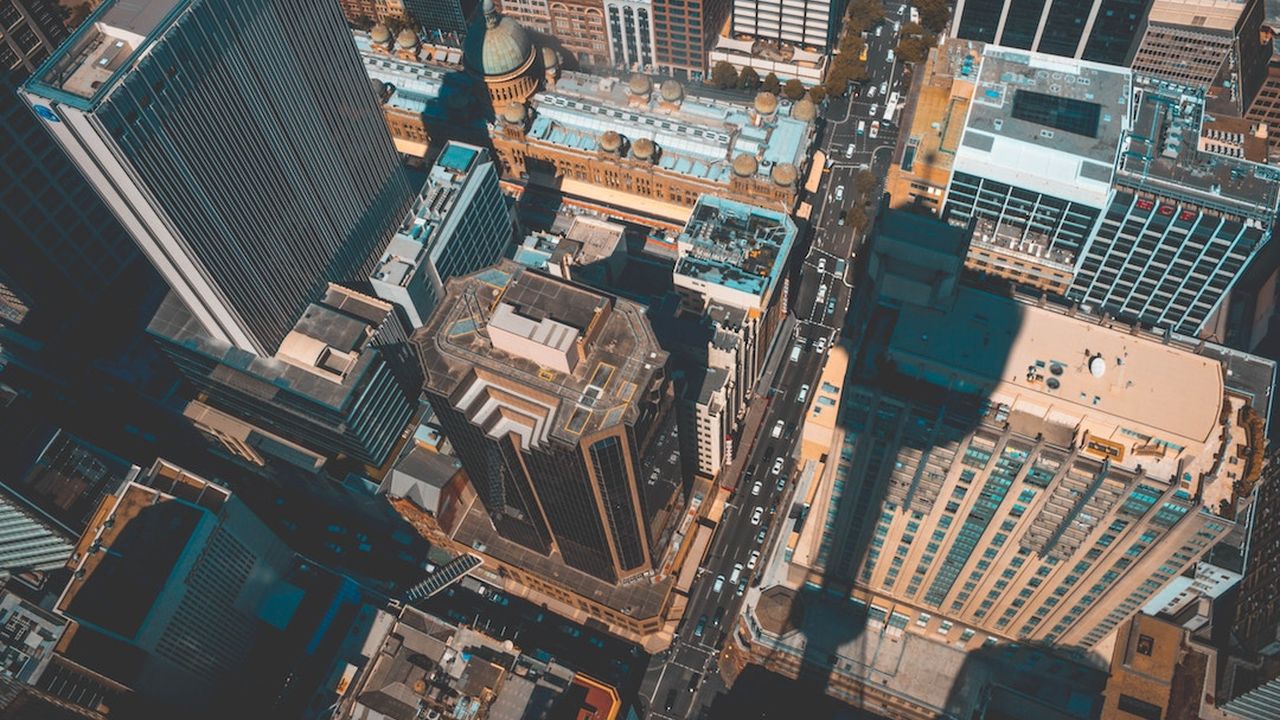 Aerial view looking straight down on city skyscrapers