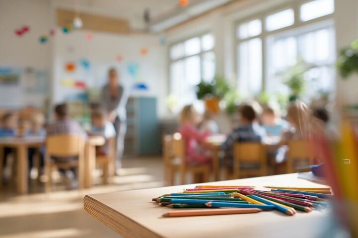 Pencils on a table in a primary classroom
