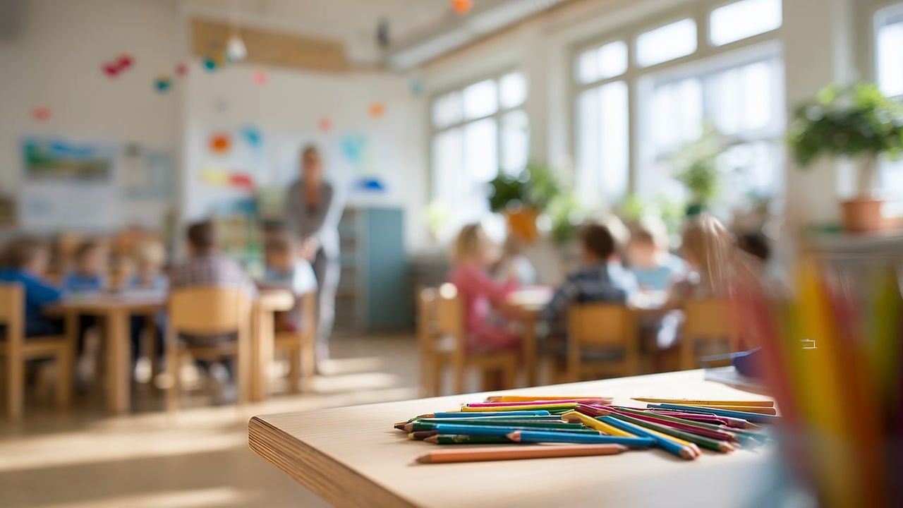Pencils on a table in a primary classroom