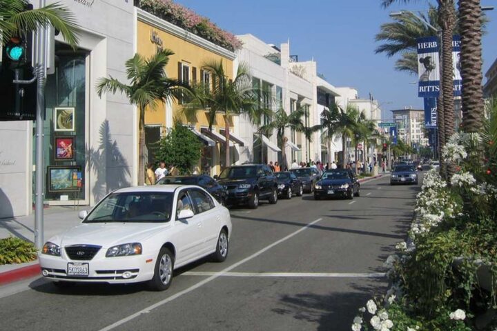 Palm-lined street of shops and homes in Southern California