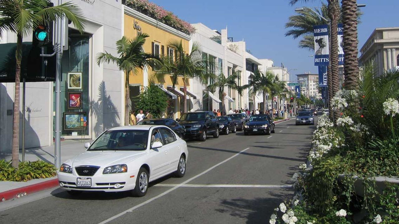 Palm-lined street of shops and homes in Southern California