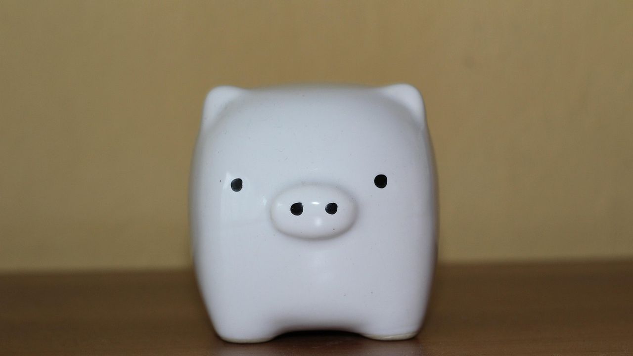 White ceramic piggy bank on a wooden table