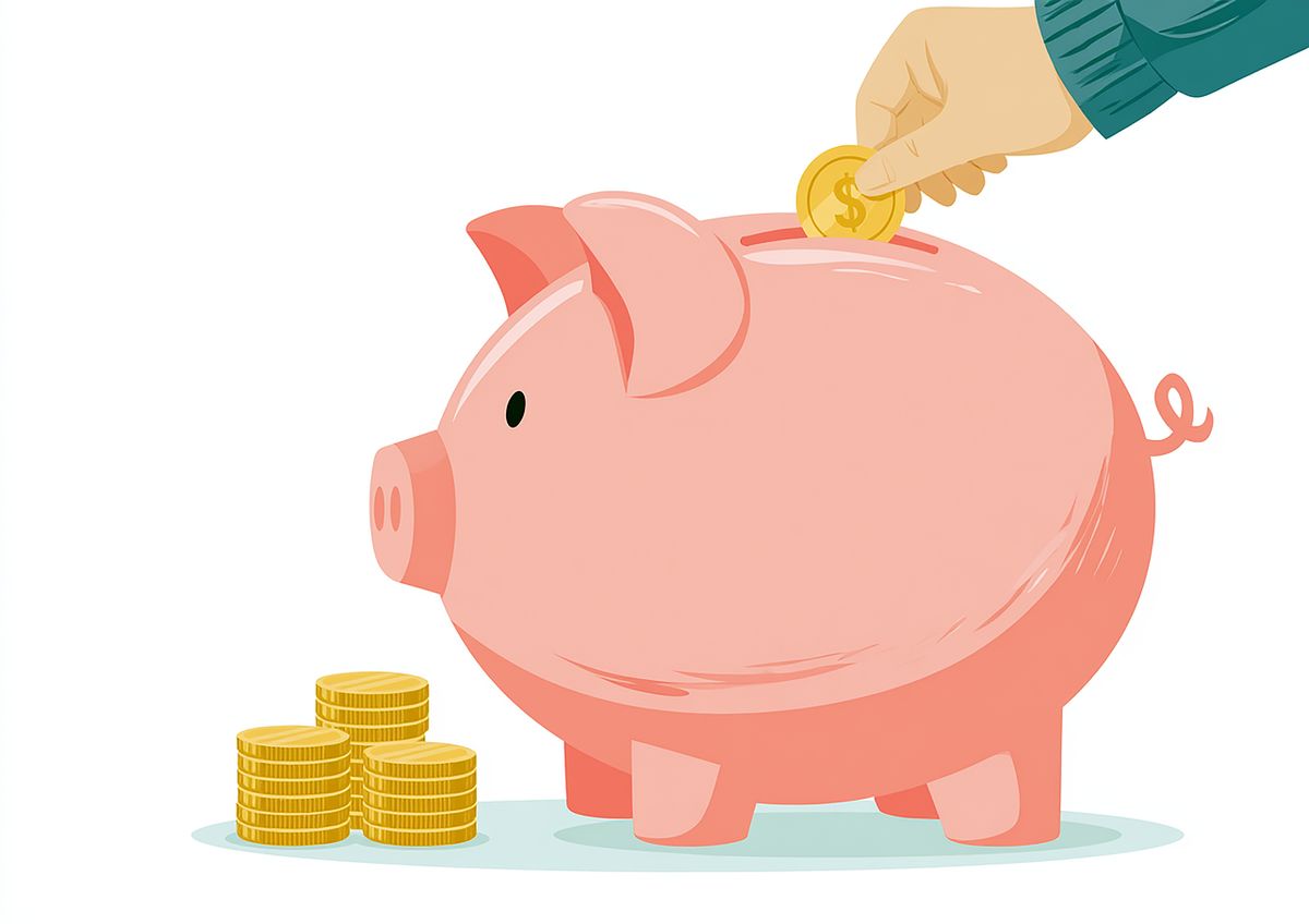 Hand dropping a coin into a pink piggy bank