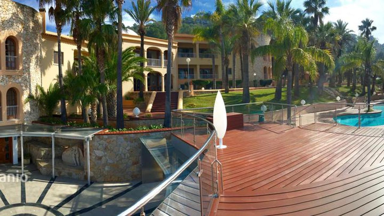 Mansion terrace and pool among palm trees in Ibiza