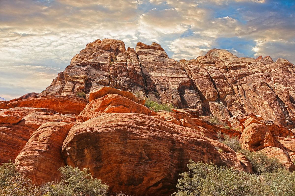 Red sandstone rocks under a dramatic sky near Las Vegas