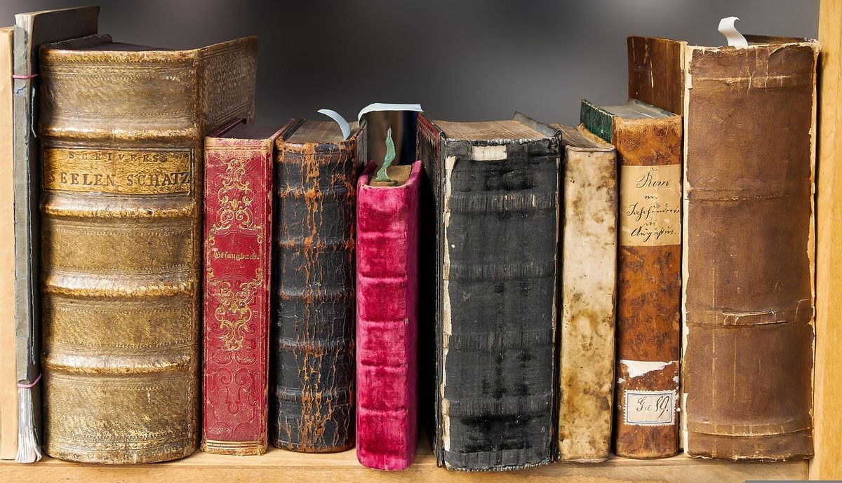 Row of antique leather-bound books