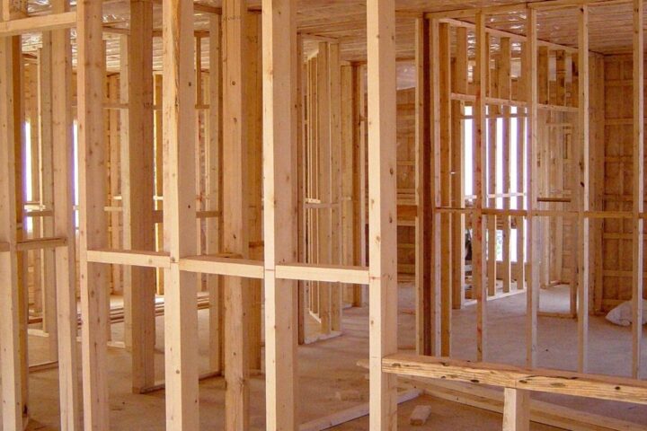 Timber wall frames inside a house under construction