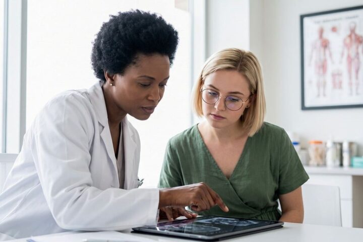Doctor showing a patient results on a tablet