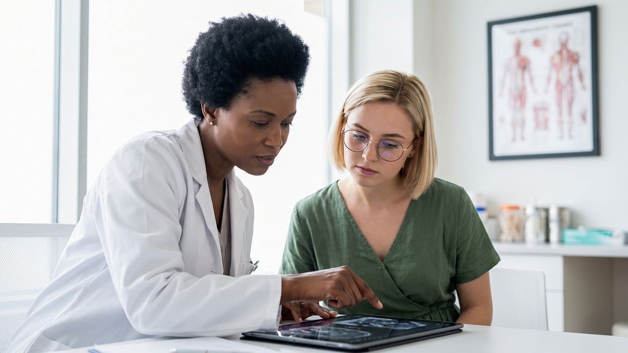 Doctor showing a patient results on a tablet