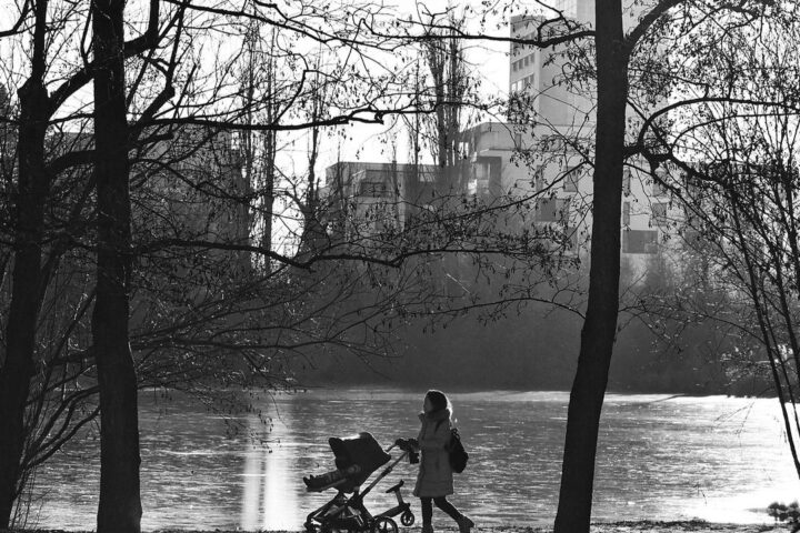 Mother pushing a pram through a wintry park