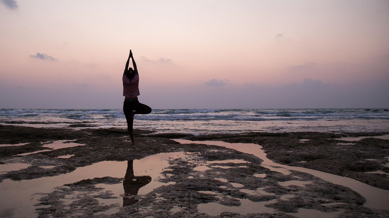 Woman in a yoga tree pose on the shore at dusk