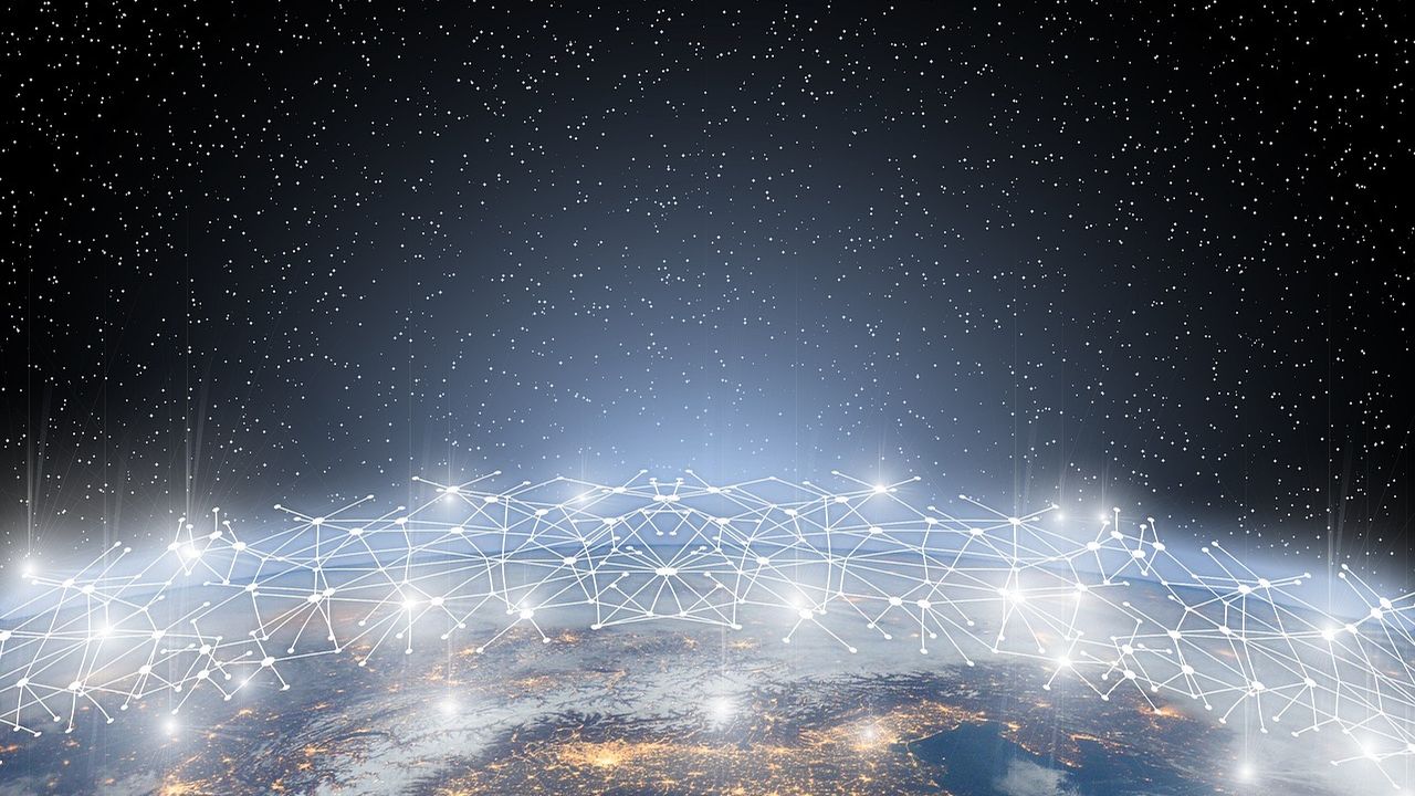 Glowing network of connected points over the curve of the Earth