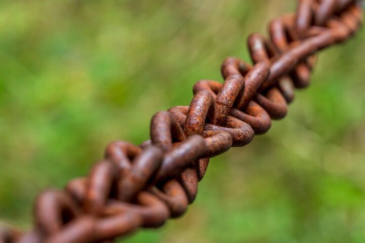 Rusty chain against a green background
